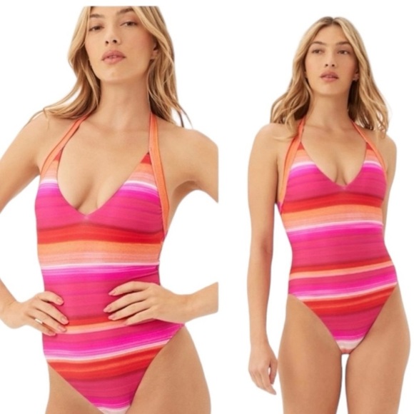 TRINA TURK Pink Orange Solstice Stripe Plunge Halter One Piece Swimsuit Size 14 - Picture 1 of 15